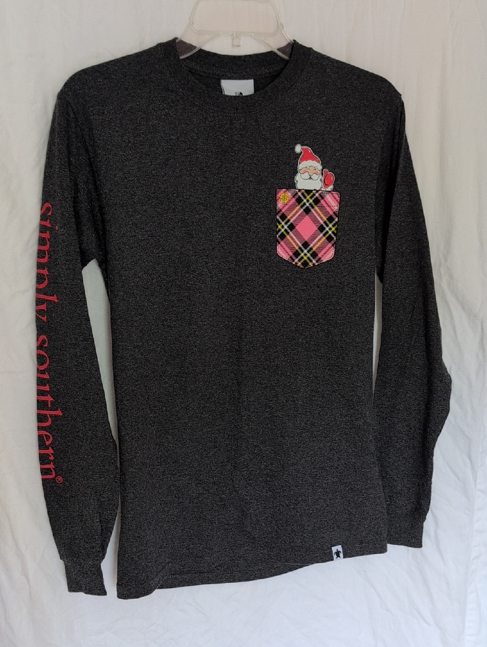Simply Southern Charcoal Long-Sleeve Tee with Pink Plaid Pocket and Santa
